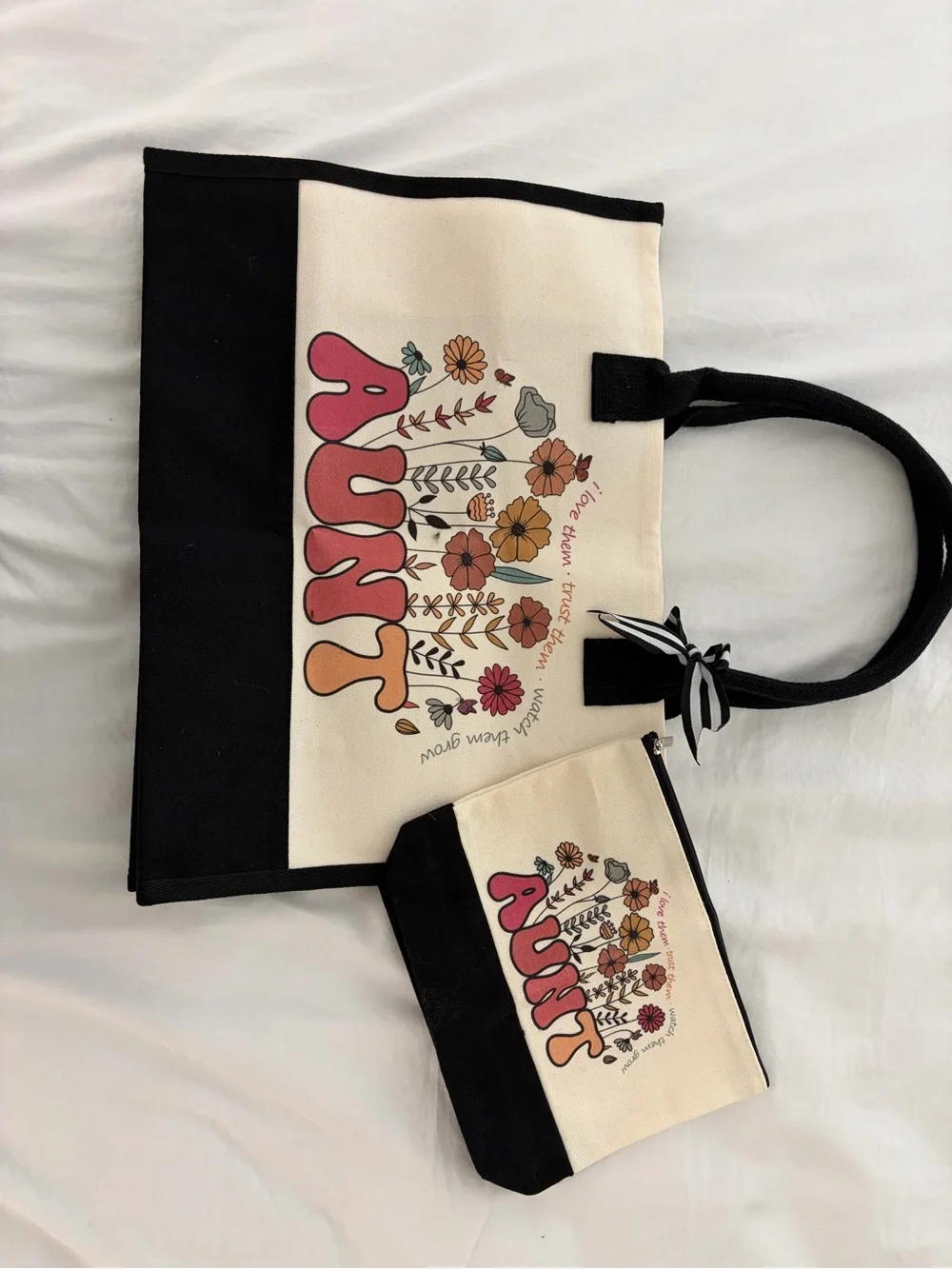 Canvas Floral Tote and Pouch Set - Cream & Black